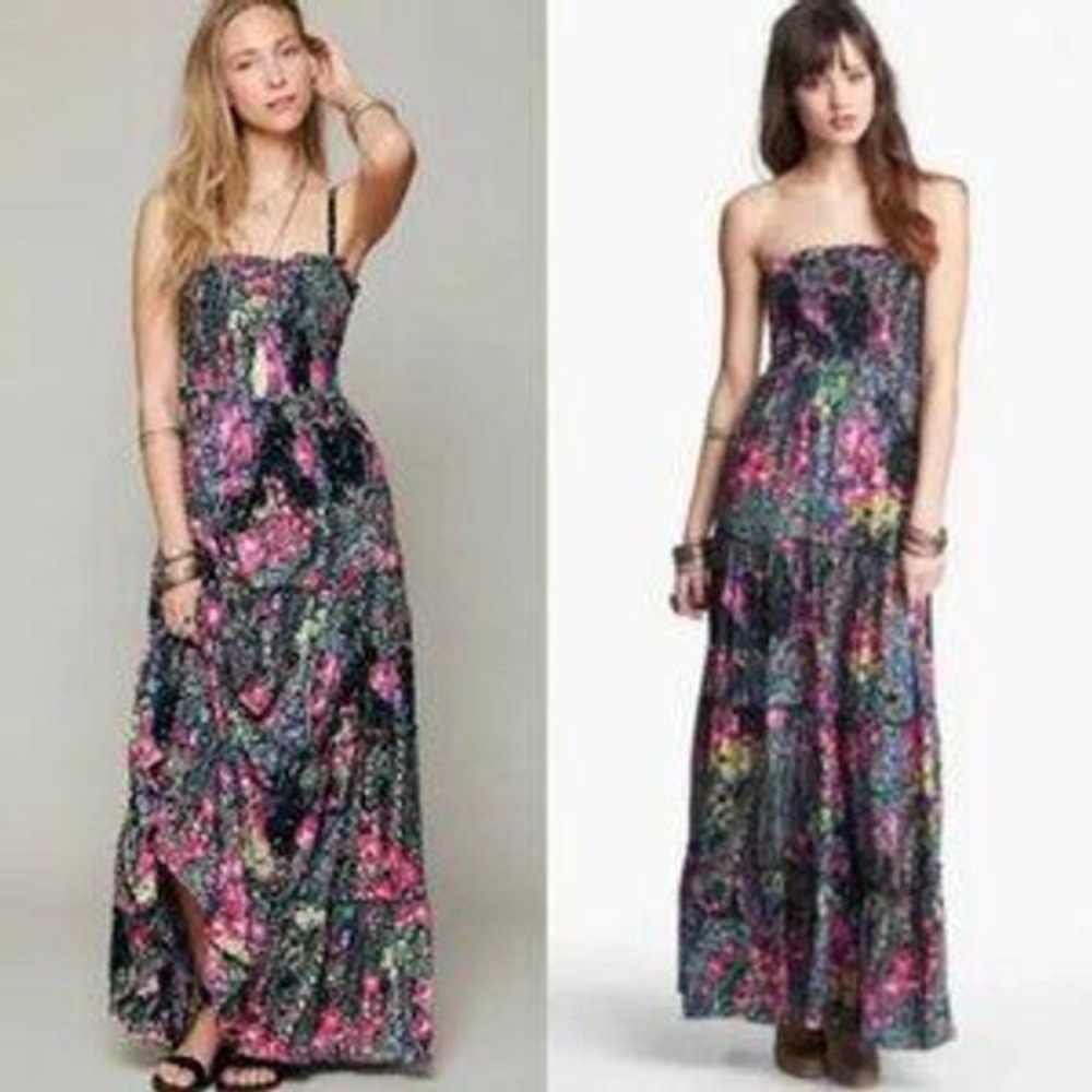 Free People Floral Paisley Smocked Tiered Maxi Dress Pink Purple Small
